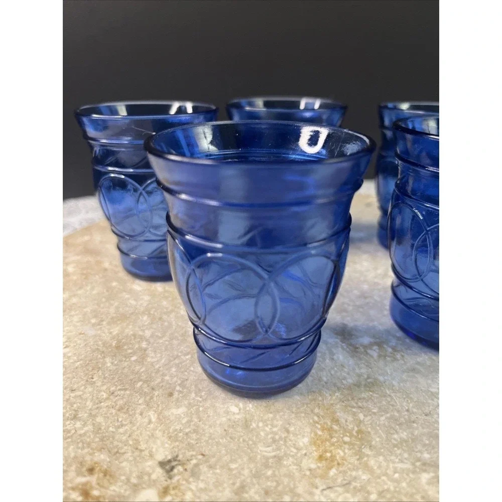 Set Of 5 1930's Hazel Atlas Blue Cobalt Ring of Rings 3 Oz Cordial Shot Glasses